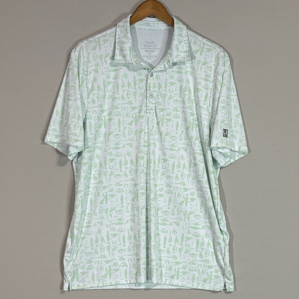 HUK Performance Fishing Polo Shirt Green Print Short Sleeve Men’s XL